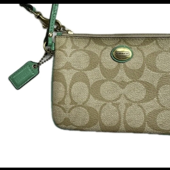 Vintage Coach Peyton Wristlet Wallet Small Beige Green Leather Logo w/ Tag - Picture 3 of 5